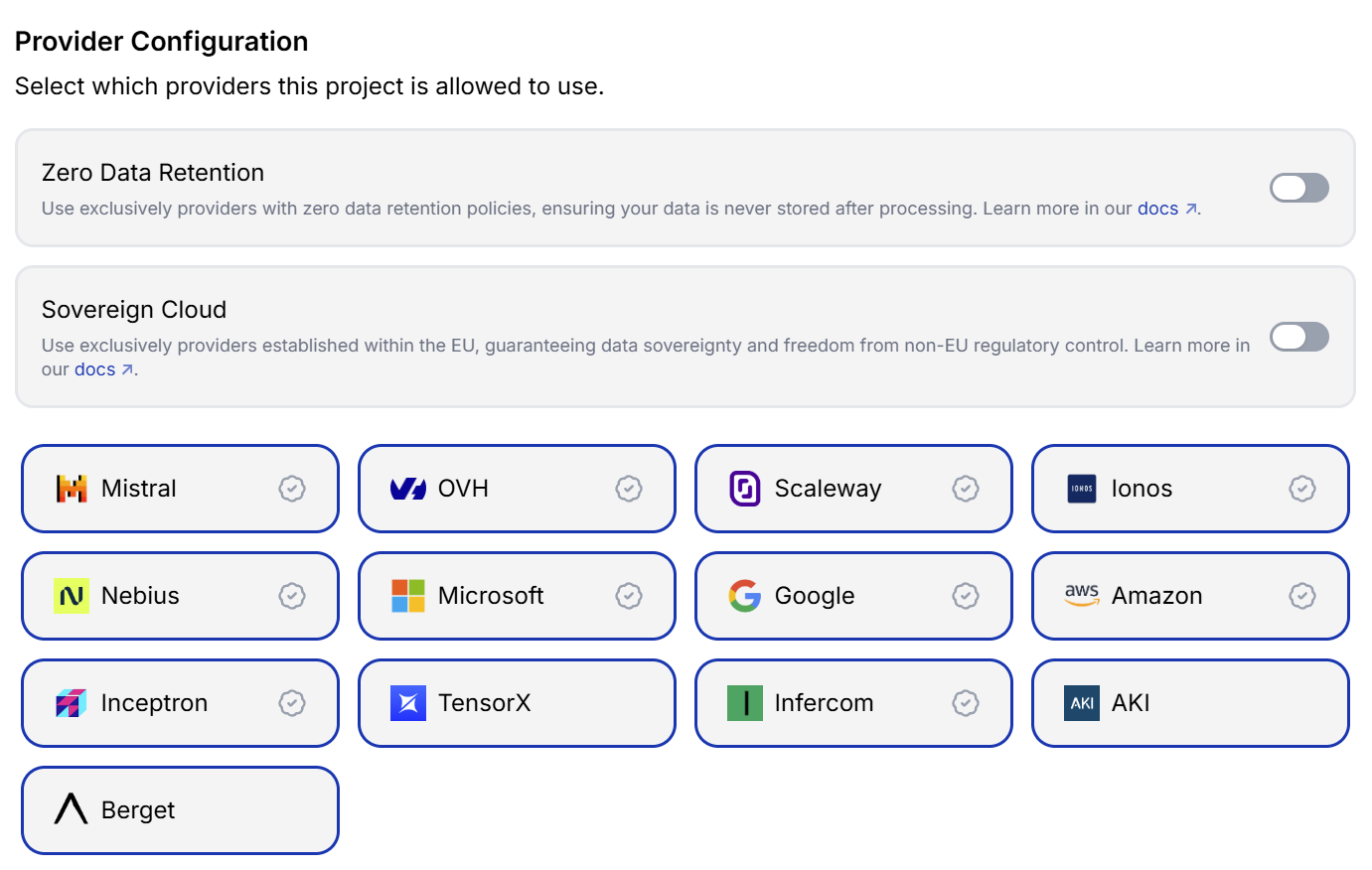 Provider Configuration with data policies and selectable inference providers