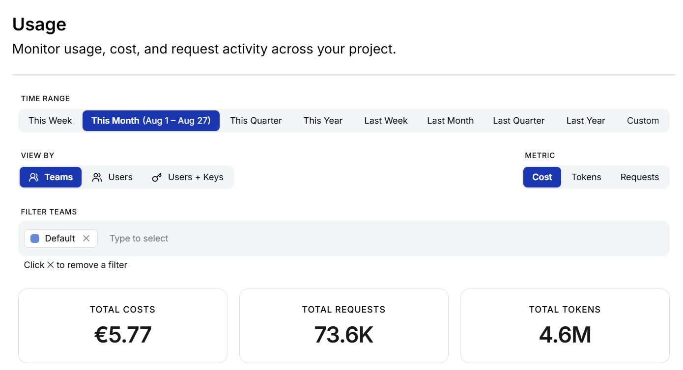 Usage view grouped by teams with team filtering and metric controls